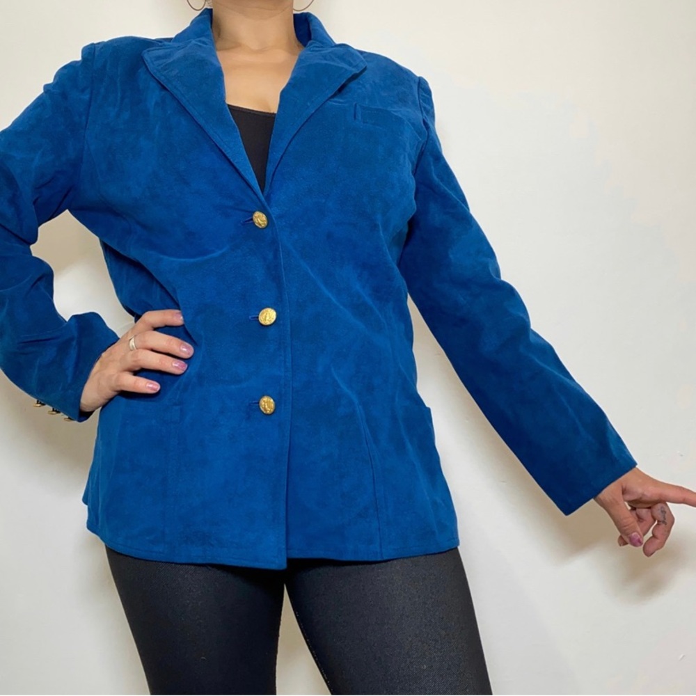 Vintage Women’s M Blue Gold Button V Neck Collared Blazer Jacket
